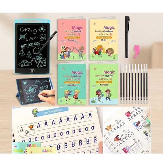 Magic Calligraphy, Homeschool Supplies, Preschool workbook, Numbers & English & Drawing & Mathematics Auto Fade Pen & 4 Books - 10 Riffile 1 Grip 1 pen+1 Writing pad Free