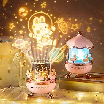 Night Light Rabbit Sky Projector for Kids – 360° Rotating Lamp with 6 Films, 5 Colours, USB Operated, Bedroom & Office Decor, Birthday Gift for Children