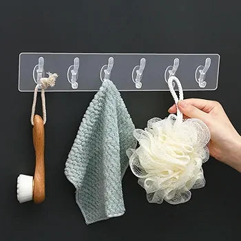 Wall Hanger Hooks for Hanging Clothes Home Kitchen Office Bathroom Bedroom Door, (Buy 1 Get 2 FREE Pack) Self Adhesive Strong Hanger Hooks (6 Hooks Hanger, Transparent)