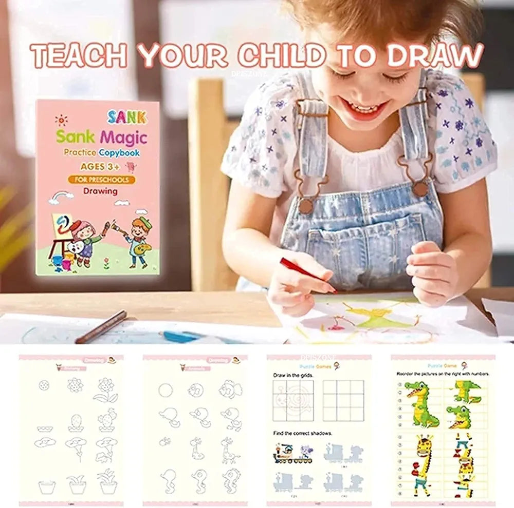 Magic Calligraphy, Homeschool Supplies, Preschool workbook, Numbers & English & Drawing & Mathematics Auto Fade Pen & 4 Books - 10 Riffile 1 Grip 1 pen