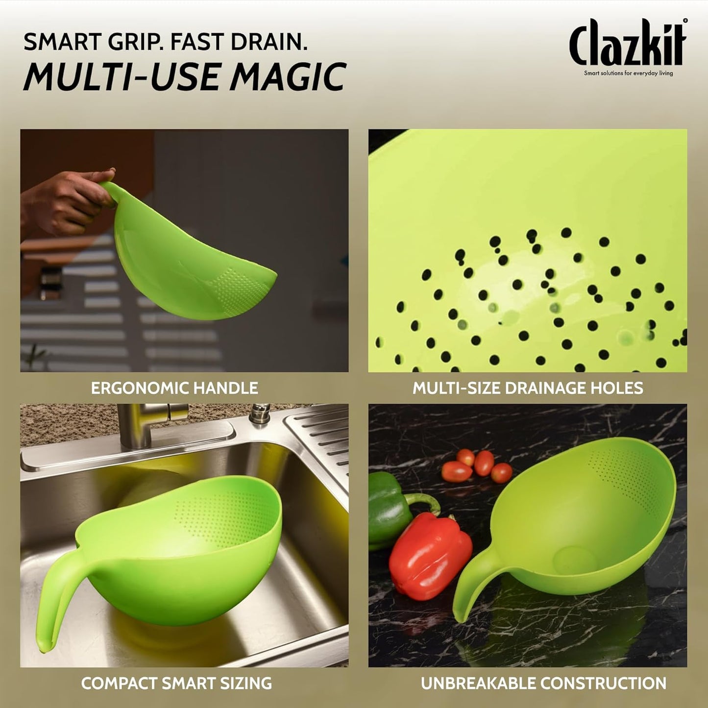 RICH MORE Plastic Rice Washing Bowl with Strainer, Green, 11x6x5 inch, Kitchen Colander with Handle