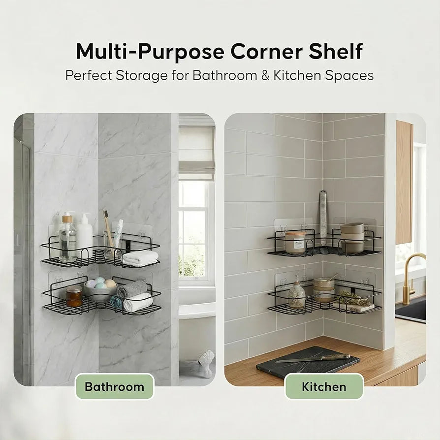 Metal Bathroom Corner Shelf Rack | No Drilling Self Adhesive Wall Mounted Storage Organizer for Bathroom & Kitchen | (Pack of 2)