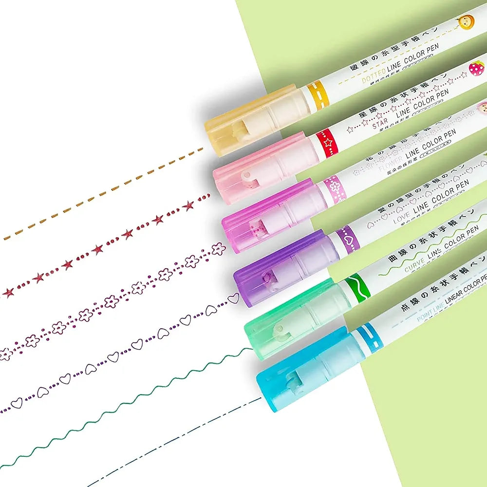 Roller Liner Pen Set | 6-Piece Patterned Border Markers| Aesthetic Curve Highlighter Set for Planner Scrapbook Bullet Journaling & School Supplies. Pack of 6