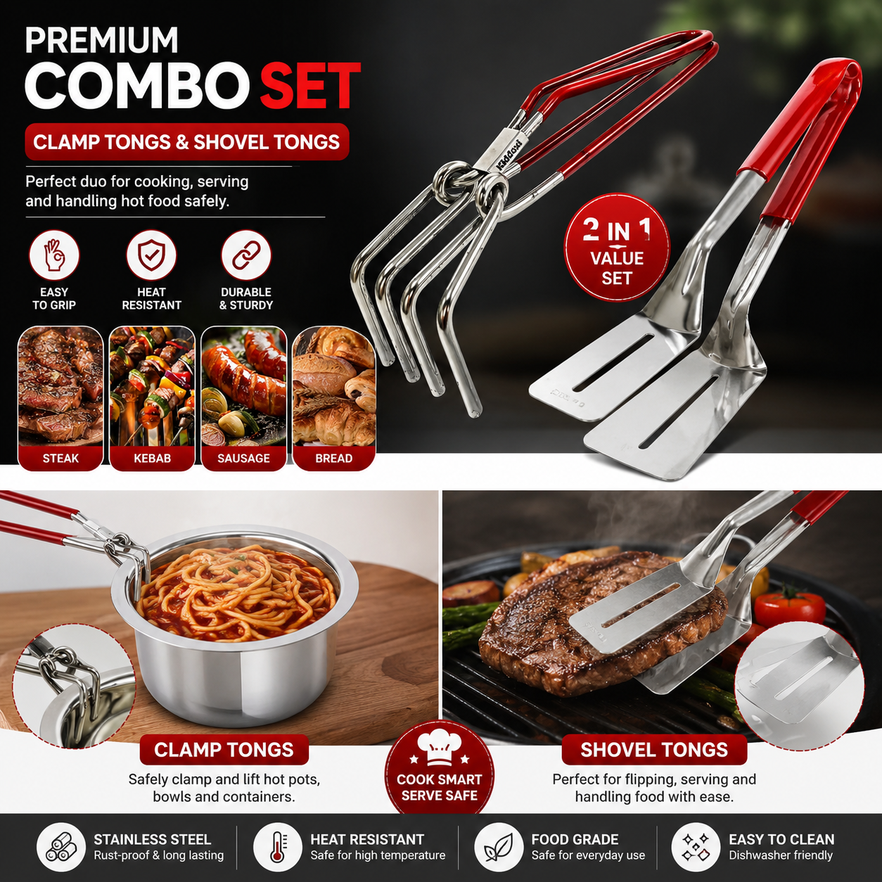 Premium 2-in-1 Stainless Steel Kitchen Tong Combo Set | Heavy Duty Pakad Chimta & Multi-Purpose Cooking Tong for Frying, BBQ, Serving & Hot Pot Handling