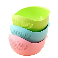RICH MORE Plastic Rice Washing Bowl with Strainer, Green, 11x6x5 inch, Kitchen Colander with Handle