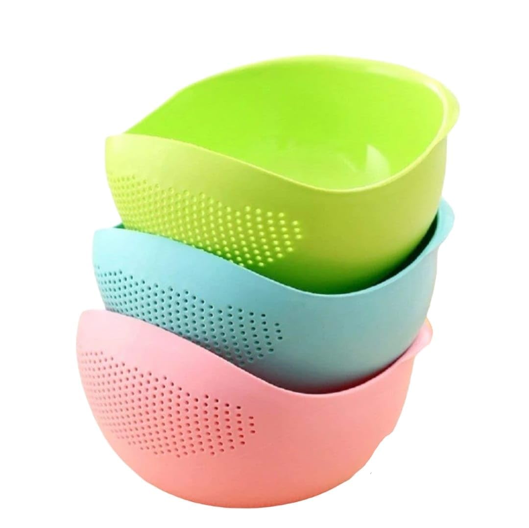 RICH MORE Plastic Rice Washing Bowl with Strainer, Green, 11x6x5 inch, Kitchen Colander with Handle
