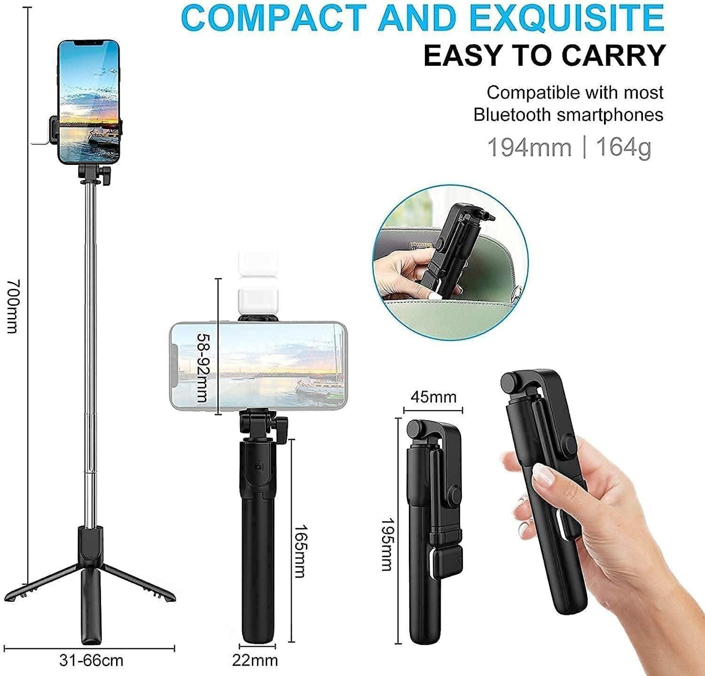⭐ Extendable Flash 3-in-1 Selfie Stick Tripod with Bluetooth Remote
