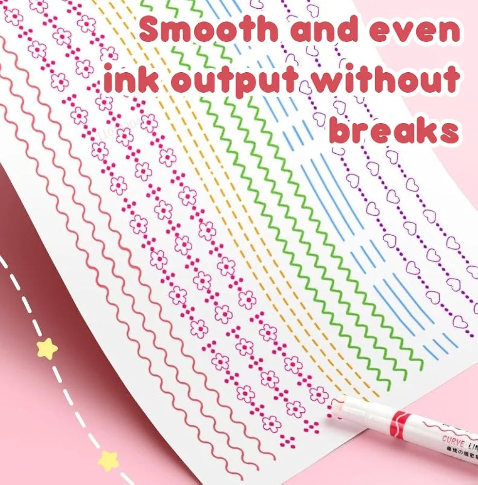 Roller Liner Pen Set | 6-Piece Patterned Border Markers| Aesthetic Curve Highlighter Set for Planner Scrapbook Bullet Journaling & School Supplies. Pack of 6