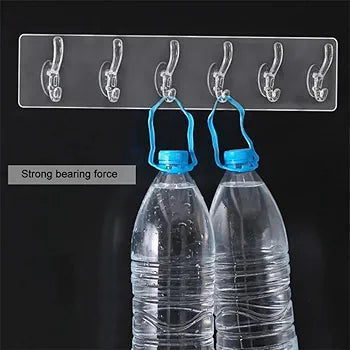 Wall Hanger Hooks for Hanging Clothes Home Kitchen Office Bathroom Bedroom Door, (Buy 1 Get 2 FREE Pack) Self Adhesive Strong Hanger Hooks (6 Hooks Hanger, Transparent)