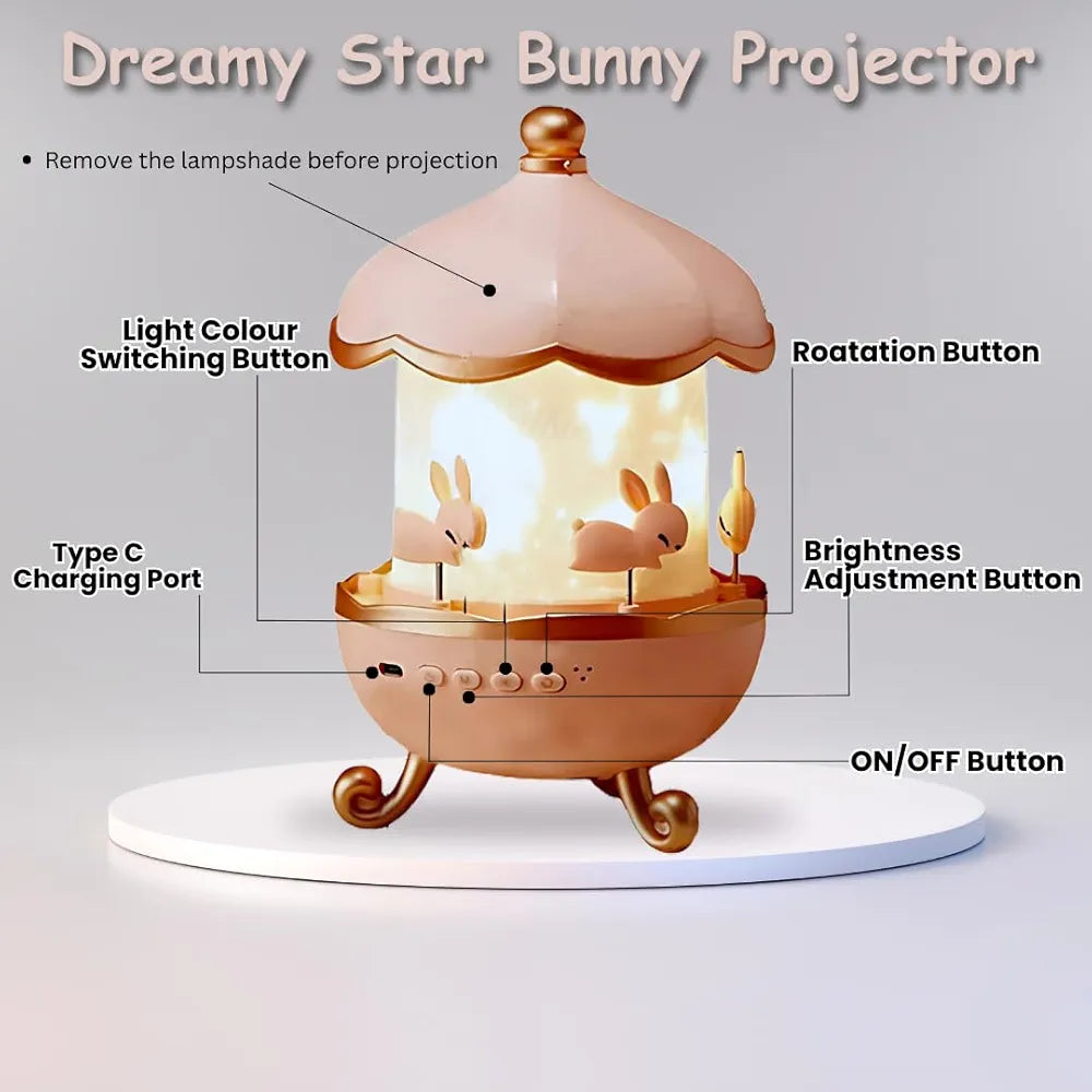 Night Light Rabbit Sky Projector for Kids – 360° Rotating Lamp with 6 Films, 5 Colours, USB Operated, Bedroom & Office Decor, Birthday Gift for Children