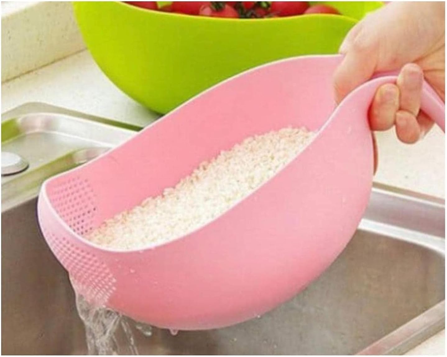 RICH MORE Plastic Rice Washing Bowl with Strainer, Green, 11x6x5 inch, Kitchen Colander with Handle