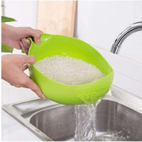 RICH MORE Plastic Rice Washing Bowl with Strainer, Green, 11x6x5 inch, Kitchen Colander with Handle