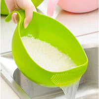 RICH MORE Plastic Rice Washing Bowl with Strainer, Green, 11x6x5 inch, Kitchen Colander with Handle