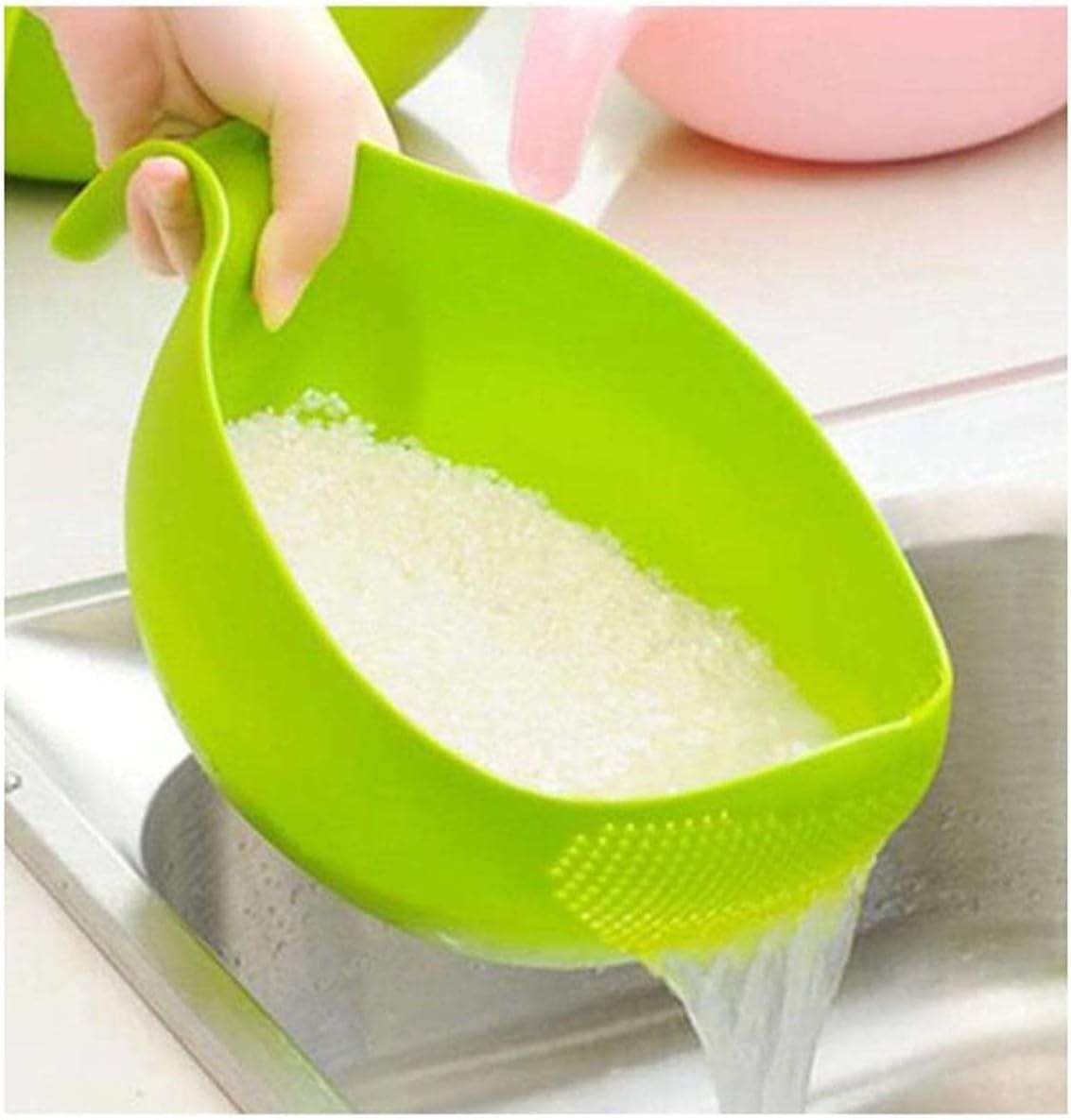 RICH MORE Plastic Rice Washing Bowl with Strainer, Green, 11x6x5 inch, Kitchen Colander with Handle