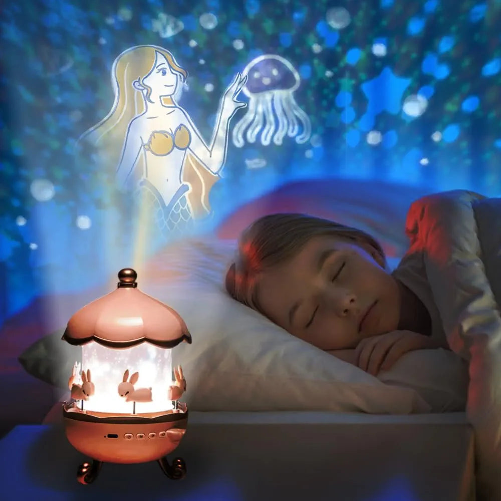 Night Light Rabbit Sky Projector for Kids – 360° Rotating Lamp with 6 Films, 5 Colours, USB Operated, Bedroom & Office Decor, Birthday Gift for Children
