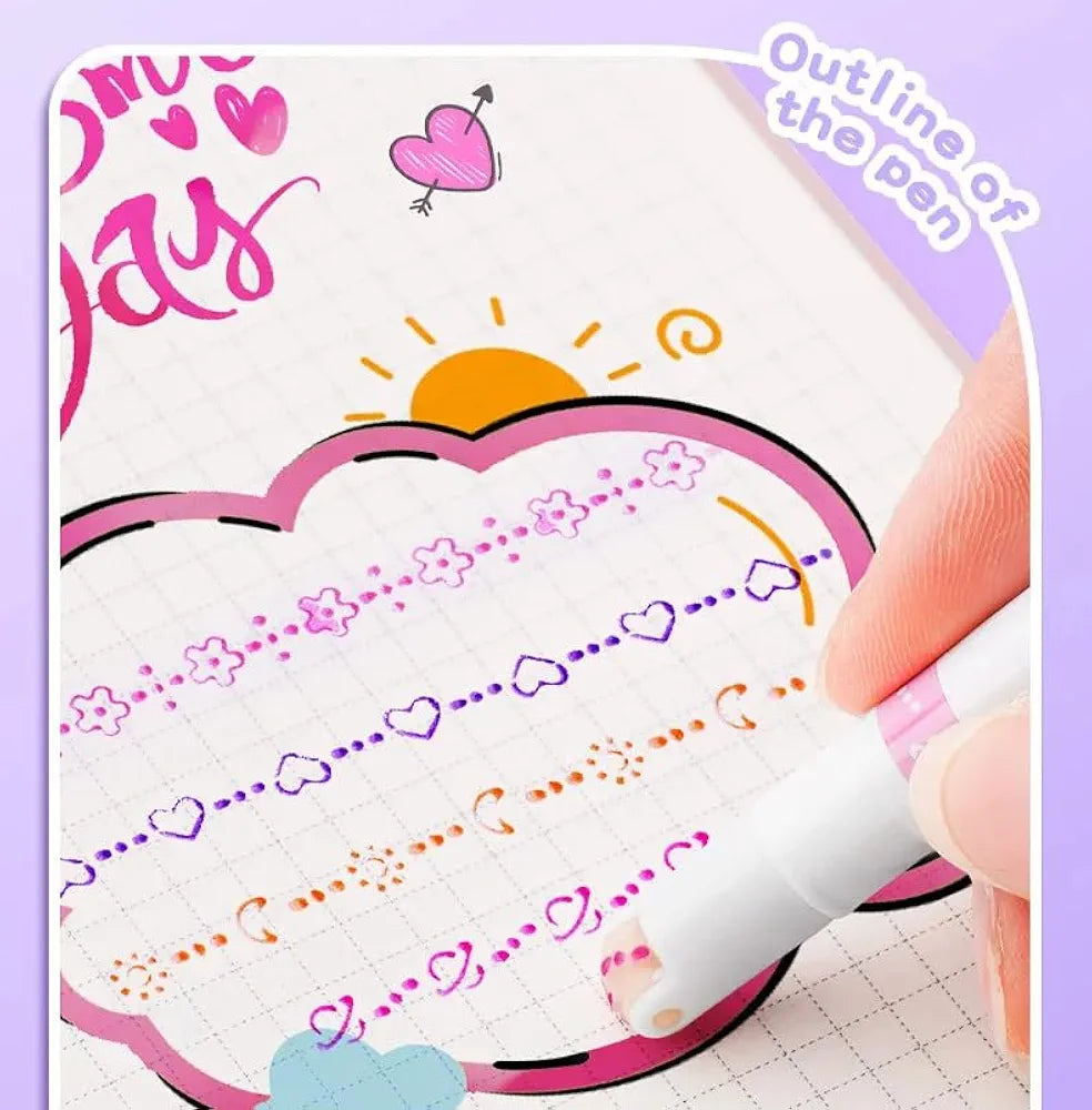 Roller Liner Pen Set | 6-Piece Patterned Border Markers| Aesthetic Curve Highlighter Set for Planner Scrapbook Bullet Journaling & School Supplies. Pack of 6