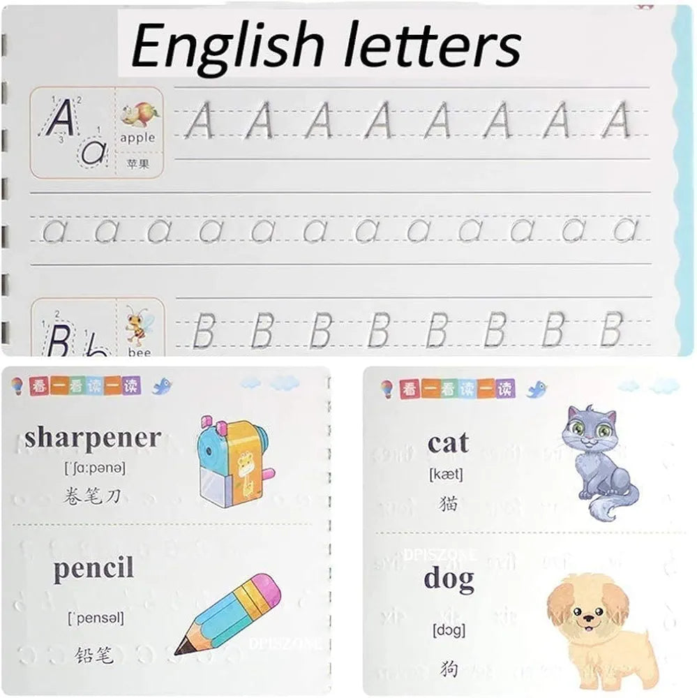 Magic Calligraphy, Homeschool Supplies, Preschool workbook, Numbers & English & Drawing & Mathematics Auto Fade Pen & 4 Books - 10 Riffile 1 Grip 1 pen