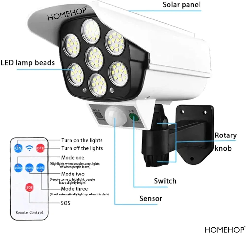Solar Light Outdoor Home Garden Security Dummy CCTV Camera Lamp | Motion Sensor LED Light 77 LED Waterproof Automatic ABS Solar Wall Lamp with Remote Control for Pathway,
