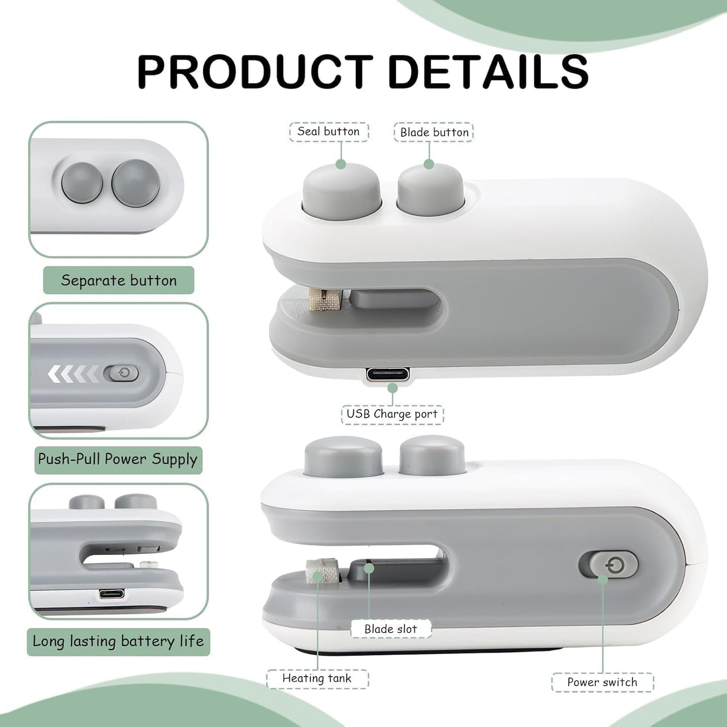 Portable Sealing Machine, Type C Rechargeable, Long Battery, Heat Sealing & Cutting, Bag Sealer, Packet Sealing
