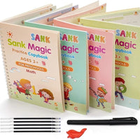 Magic Calligraphy, Homeschool Supplies, Preschool workbook, Numbers & English & Drawing & Mathematics Auto Fade Pen & 4 Books - 10 Riffile 1 Grip 1 pen