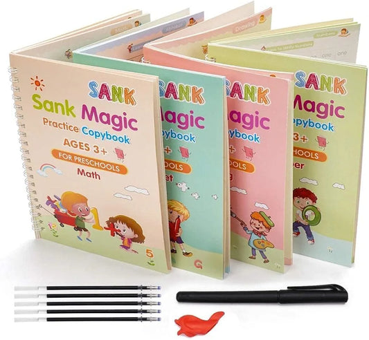 Magic Calligraphy, Homeschool Supplies, Preschool workbook, Numbers & English & Drawing & Mathematics Auto Fade Pen & 4 Books - 10 Riffile 1 Grip 1 pen