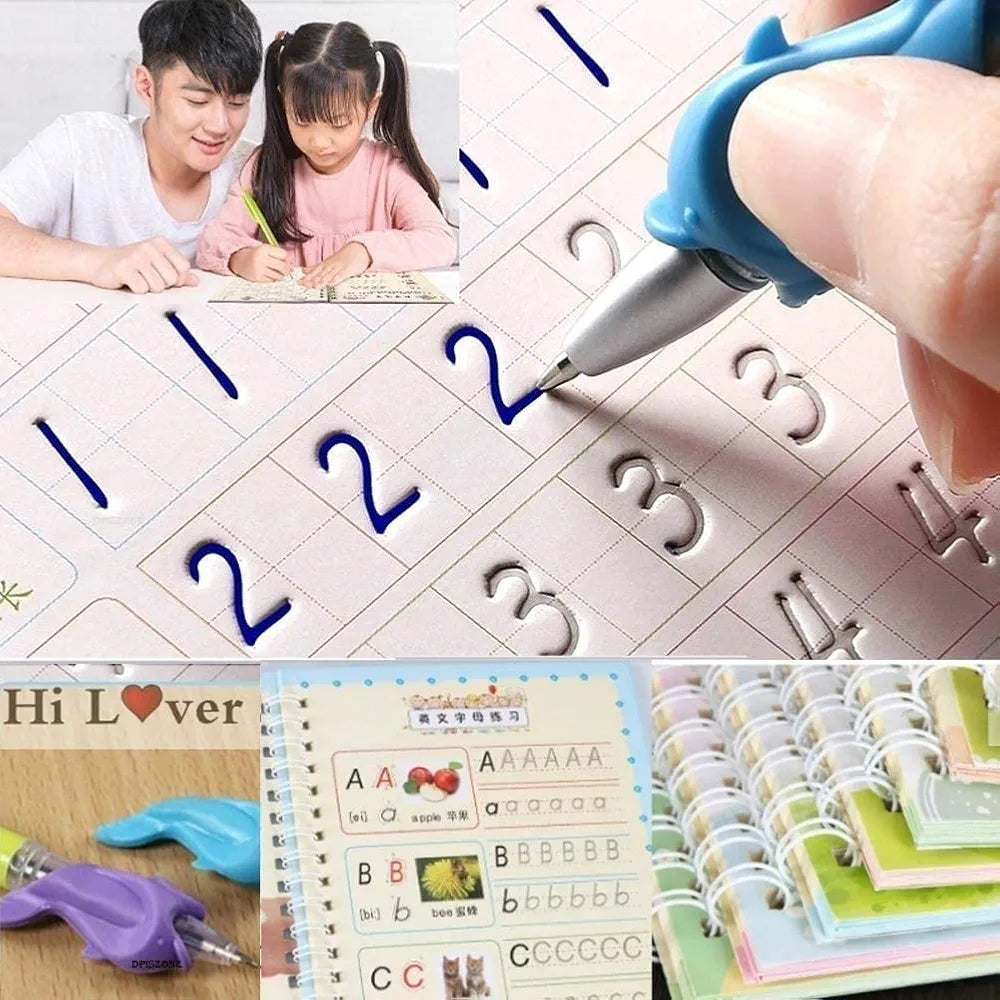 Magic Calligraphy, Homeschool Supplies, Preschool workbook, Numbers & English & Drawing & Mathematics Auto Fade Pen & 4 Books - 10 Riffile 1 Grip 1 pen