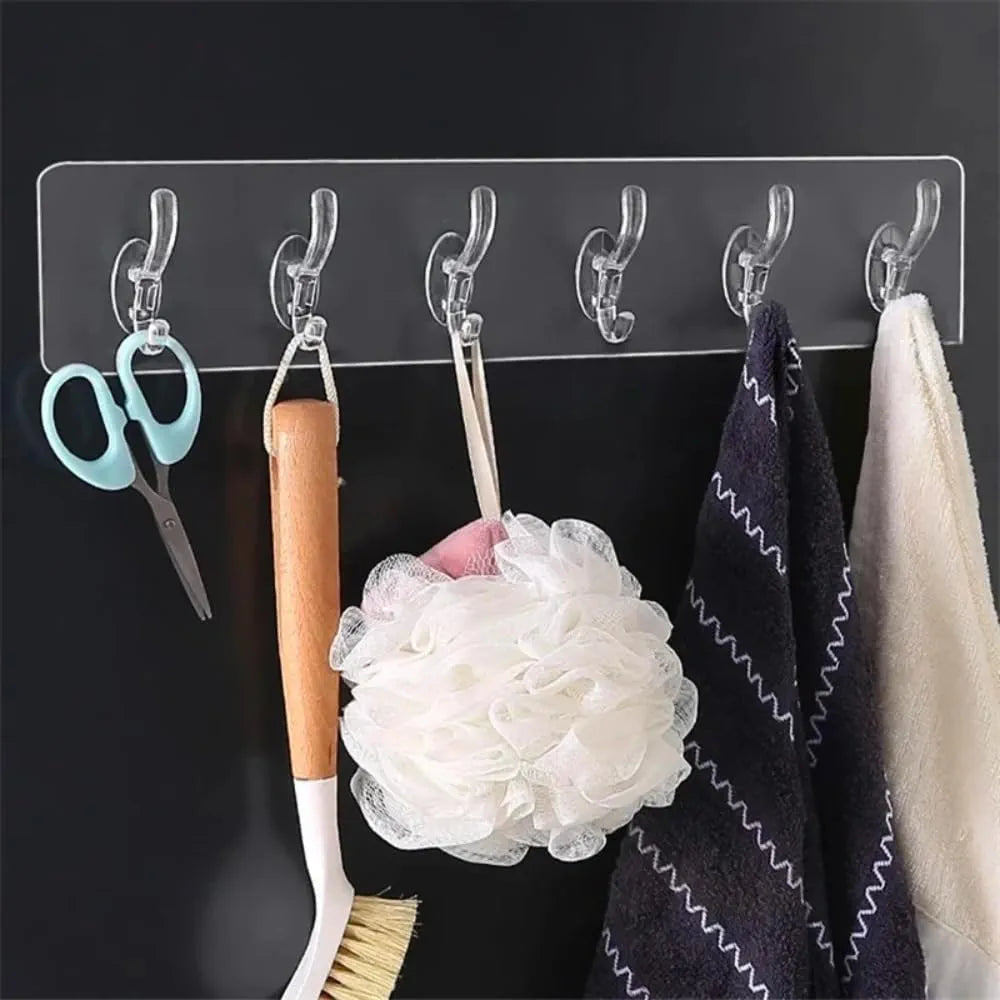 Wall Hanger Hooks for Hanging Clothes Home Kitchen Office Bathroom Bedroom Door, (Buy 1 Get 2 FREE Pack) Self Adhesive Strong Hanger Hooks (6 Hooks Hanger, Transparent)