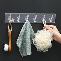 Wall Hanger Hooks for Hanging Clothes Home Kitchen Office Bathroom Bedroom Door, (Buy 1 Get 2 FREE Pack) Self Adhesive Strong Hanger Hooks (6 Hooks Hanger, Transparent)