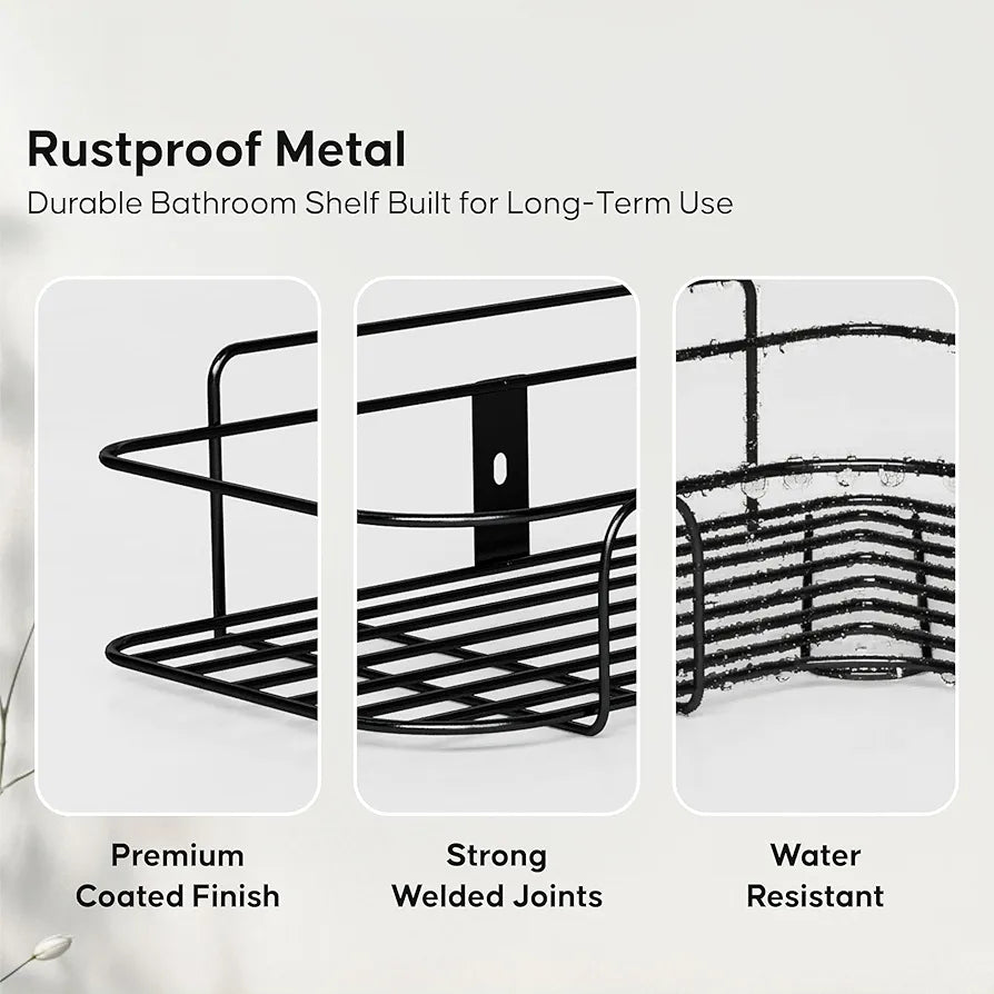 Metal Bathroom Corner Shelf Rack | No Drilling Self Adhesive Wall Mounted Storage Organizer for Bathroom & Kitchen | (Pack of 2)