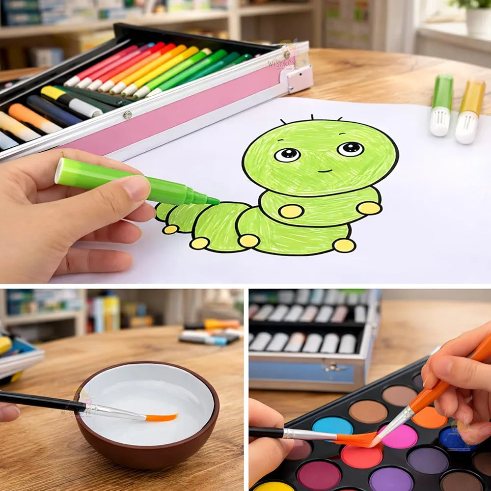 Art Set for Kids, 145 Pieces Drawing Kit with Colour Pencils, Oil Pastels, Paint Brushes, Unicorn Theme Art Set