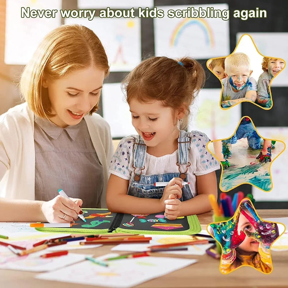 Doodle Book Set for Kids, Reusable Magic Drawing Book with Watercolor Pens, Road Trip Car Game Writing and Painting Set for Boys and Girls