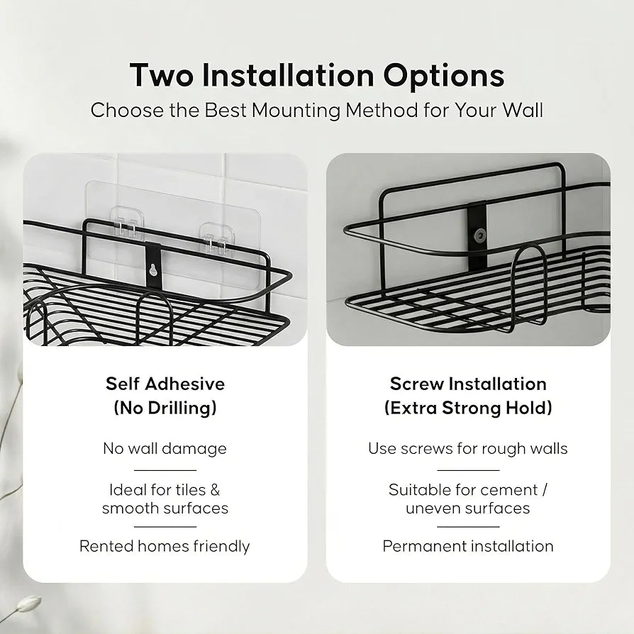 Metal Bathroom Corner Shelf Rack | No Drilling Self Adhesive Wall Mounted Storage Organizer for Bathroom & Kitchen | (Pack of 2)