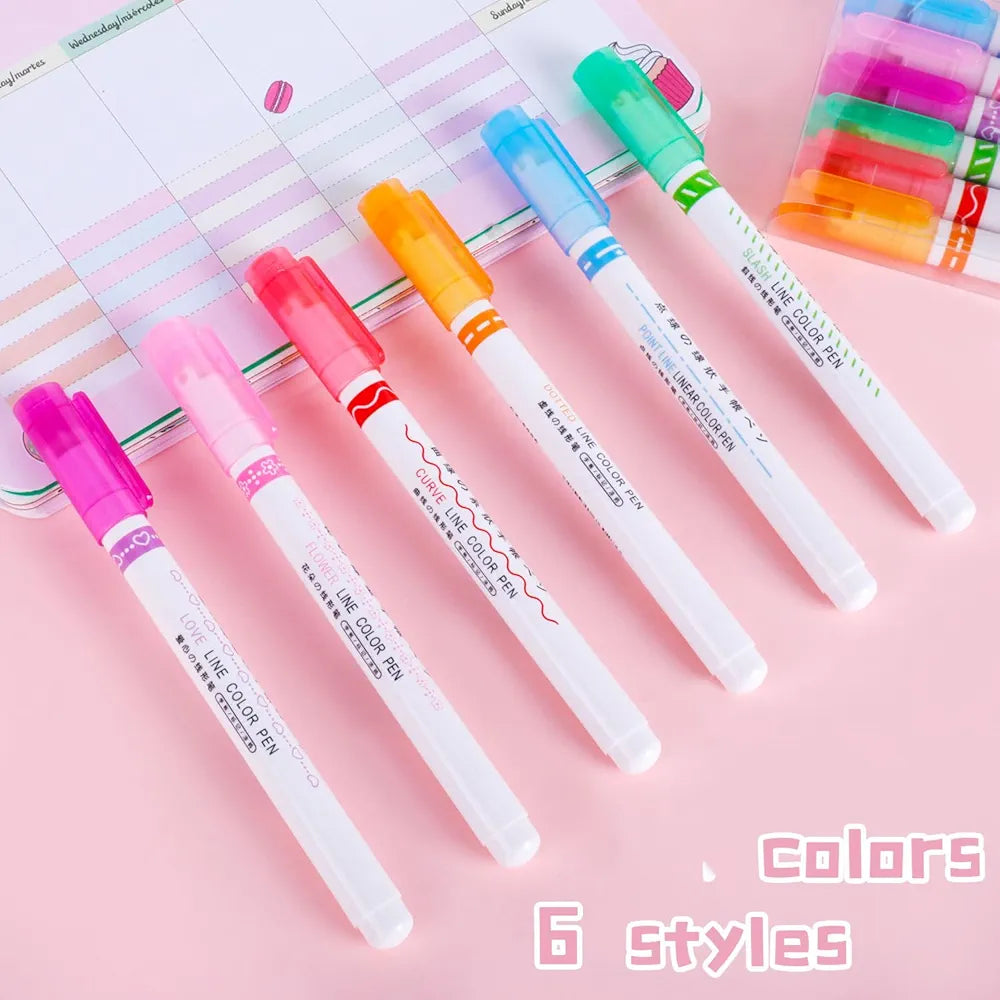 Roller Liner Pen Set | 6-Piece Patterned Border Markers| Aesthetic Curve Highlighter Set for Planner Scrapbook Bullet Journaling & School Supplies. Pack of 6
