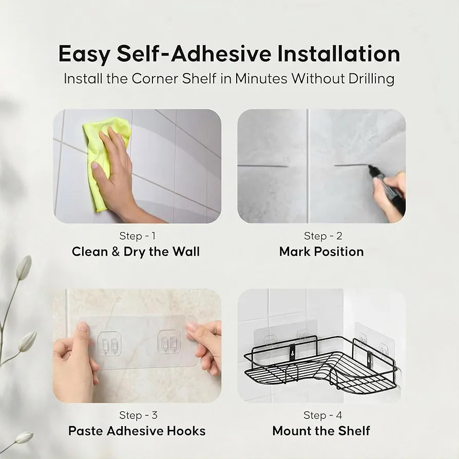 Metal Bathroom Corner Shelf Rack | No Drilling Self Adhesive Wall Mounted Storage Organizer for Bathroom & Kitchen | (Pack of 2)