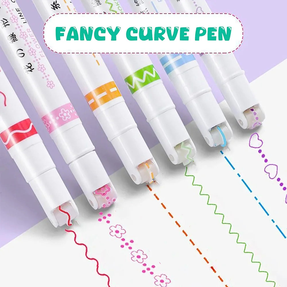 Roller Liner Pen Set | 6-Piece Patterned Border Markers| Aesthetic Curve Highlighter Set for Planner Scrapbook Bullet Journaling & School Supplies. Pack of 6