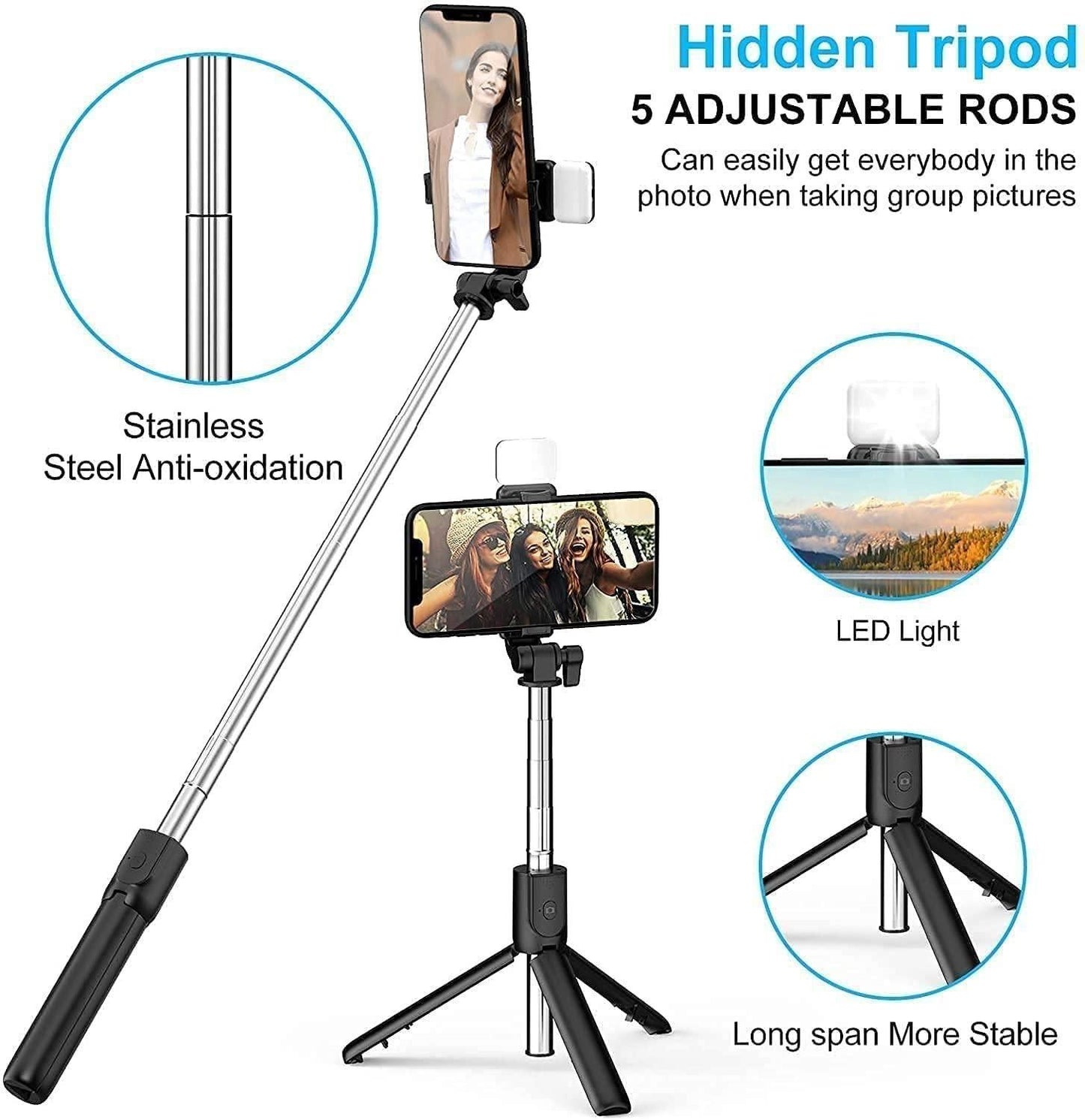 ⭐ Extendable Flash 3-in-1 Selfie Stick Tripod with Bluetooth Remote