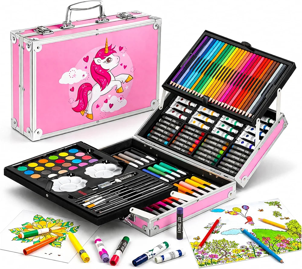 Art Set for Kids, 145 Pieces Drawing Kit with Colour Pencils, Oil Pastels, Paint Brushes, Unicorn Theme Art Set