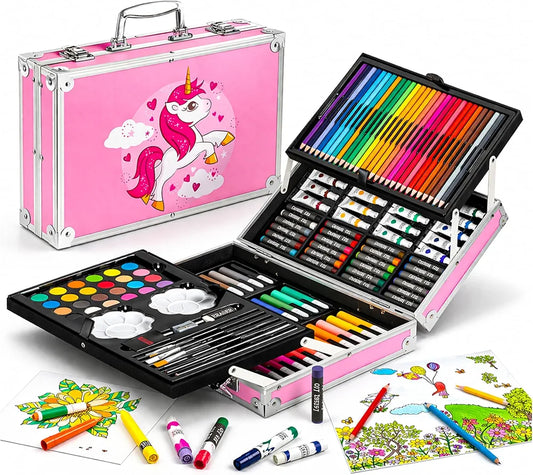 Art Set for Kids, 145 Pieces Drawing Kit with Colour Pencils, Oil Pastels, Paint Brushes, Unicorn Theme Art Set