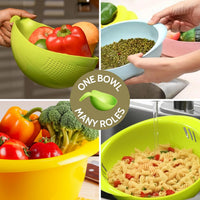 RICH MORE Plastic Rice Washing Bowl with Strainer, Green, 11x6x5 inch, Kitchen Colander with Handle
