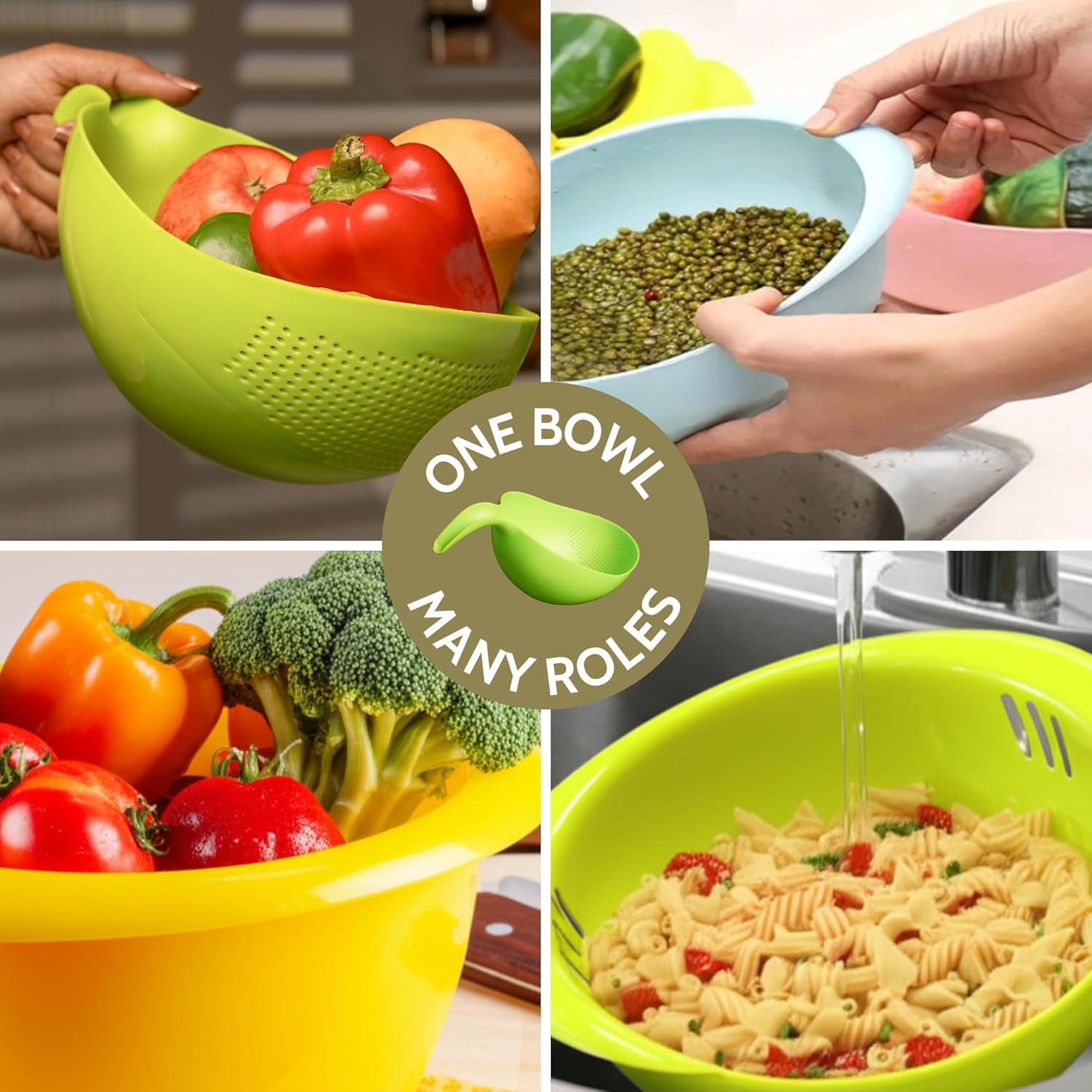 RICH MORE Plastic Rice Washing Bowl with Strainer, Green, 11x6x5 inch, Kitchen Colander with Handle