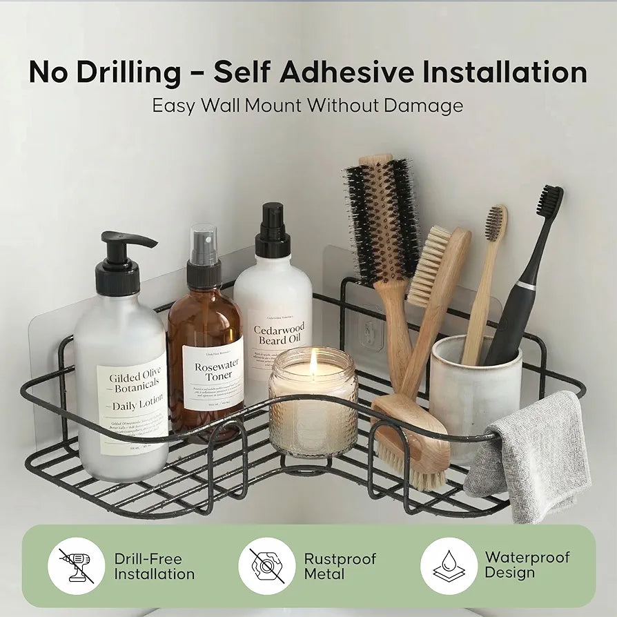 Metal Bathroom Corner Shelf Rack | No Drilling Self Adhesive Wall Mounted Storage Organizer for Bathroom & Kitchen | (Pack of 2)