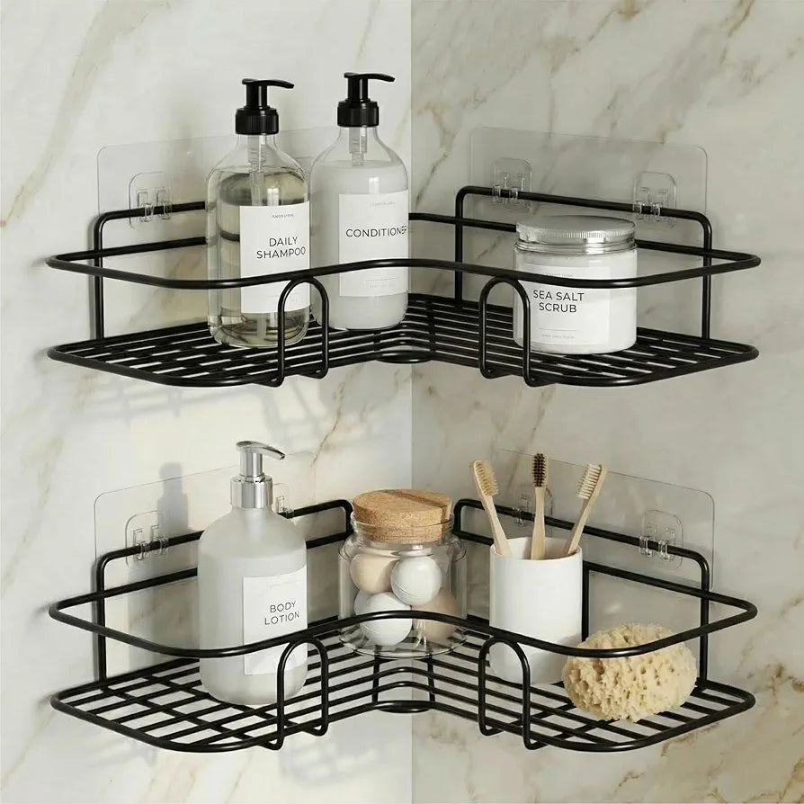 Metal Bathroom Corner Shelf Rack | No Drilling Self Adhesive Wall Mounted Storage Organizer for Bathroom & Kitchen | (Pack of 2)