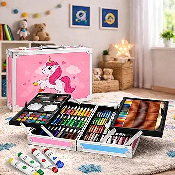 Art Set for Kids, 145 Pieces Drawing Kit with Colour Pencils, Oil Pastels, Paint Brushes, Unicorn Theme Art Set