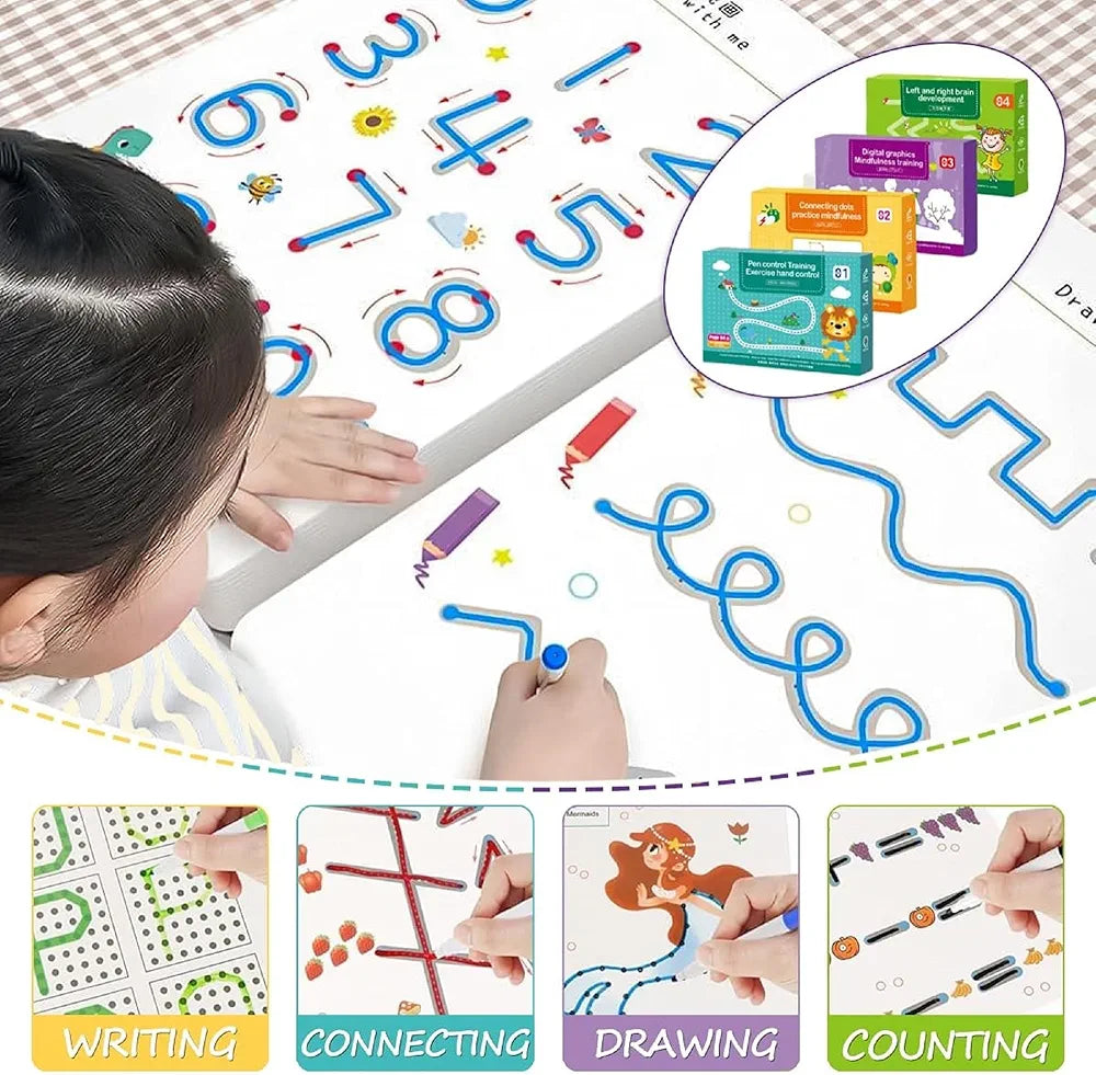 Toy Imagine Reusable Alphabet & Number Tracing Practice Copybook Kit with Magic Pen | Preschool Handwriting & Pen Control Workbook for Kids 3–8 Years | Montessori Lines & Shapes Book (64 Pages)
