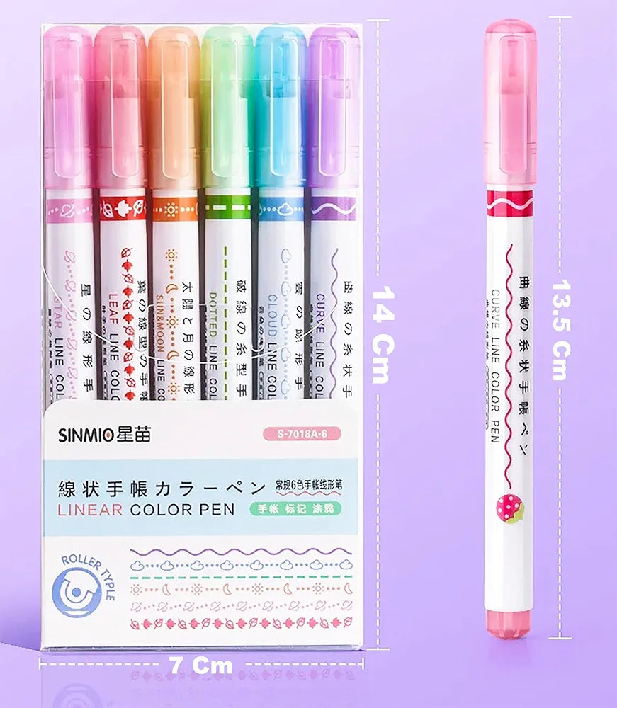Roller Liner Pen Set | 6-Piece Patterned Border Markers| Aesthetic Curve Highlighter Set for Planner Scrapbook Bullet Journaling & School Supplies. Pack of 6
