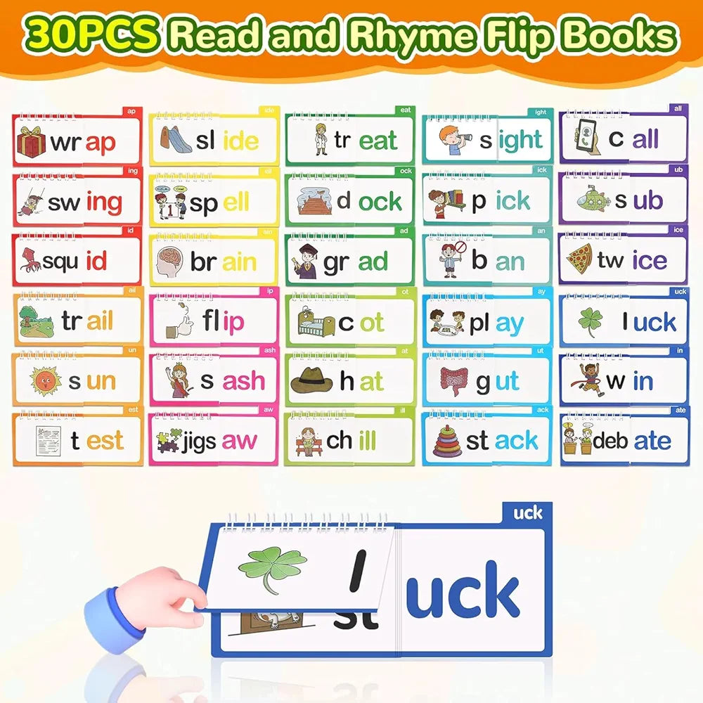30PCS Read and Rhyme Flip Books, Interesting Word Family Flip Books, ABC Vocabulary Cards, Sight Words Flash Cards Kindergarten, Read and Rhyme Flip Activity Book