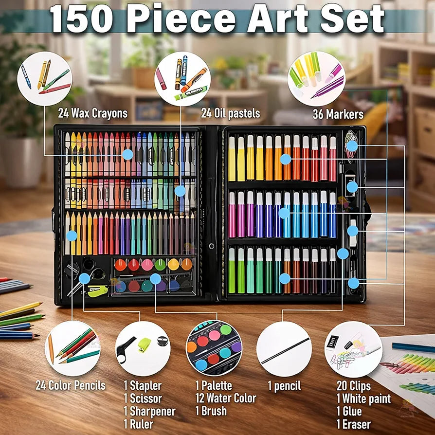 150 Pieces Colour Set Kit for Kids, Complete Stationery Items and Colour Pencil Set in Portable Case, Creative Birthday Gift for Kids and Gift for Girls