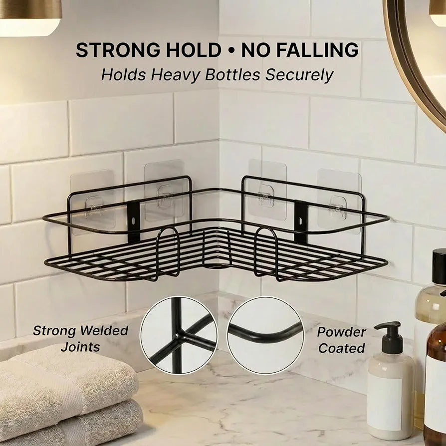 Metal Bathroom Corner Shelf Rack | No Drilling Self Adhesive Wall Mounted Storage Organizer for Bathroom & Kitchen | (Pack of 2)