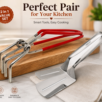 Premium 2-in-1 Stainless Steel Kitchen Tong Combo Set | Heavy Duty Pakad Chimta & Multi-Purpose Cooking Tong for Frying, BBQ, Serving & Hot Pot Handling