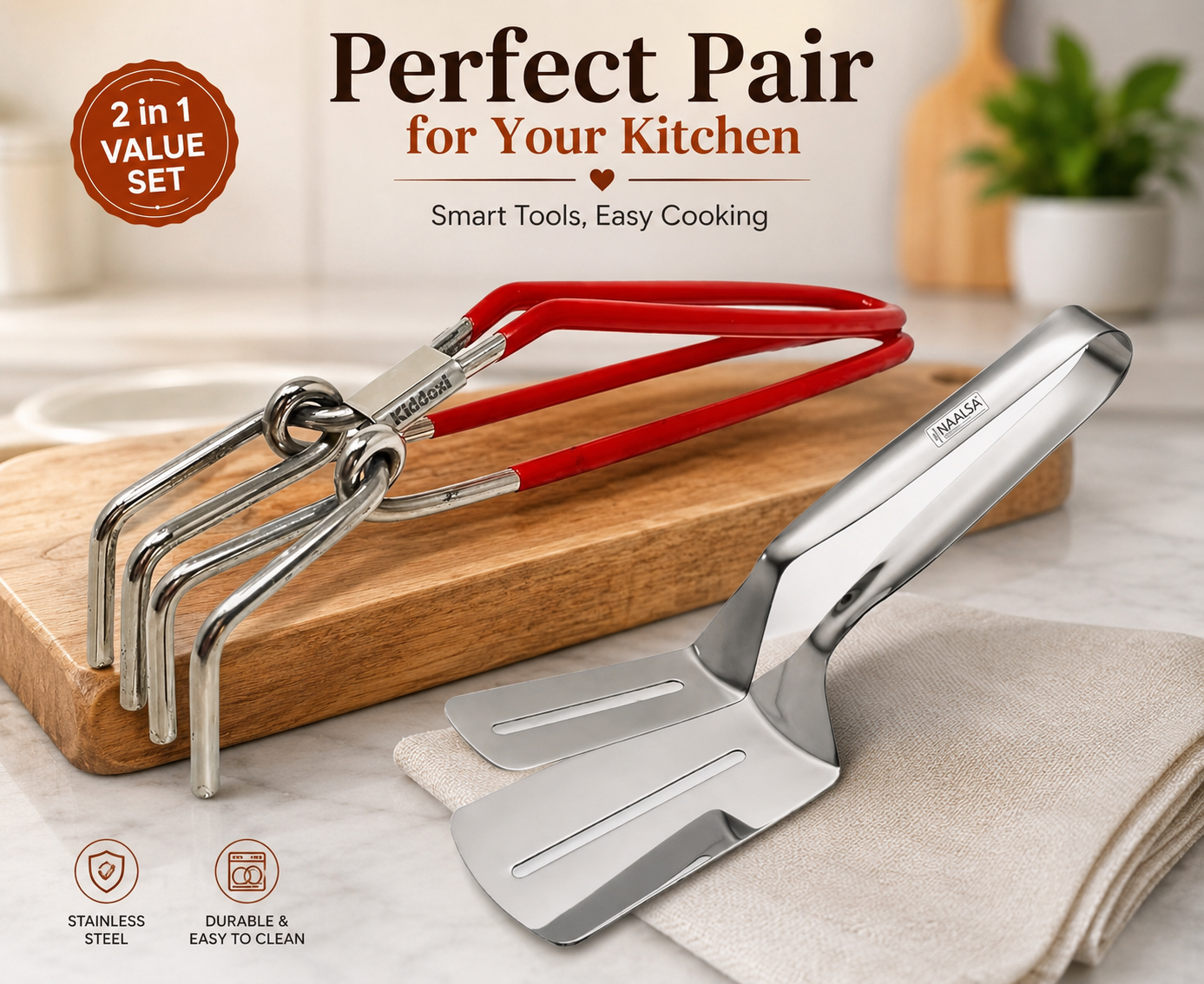 Premium 2-in-1 Stainless Steel Kitchen Tong Combo Set | Heavy Duty Pakad Chimta & Multi-Purpose Cooking Tong for Frying, BBQ, Serving & Hot Pot Handling